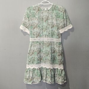 Never Fully Dressed Green Seashell Print Mini Dress Lace Trim Cottagecore Coasta